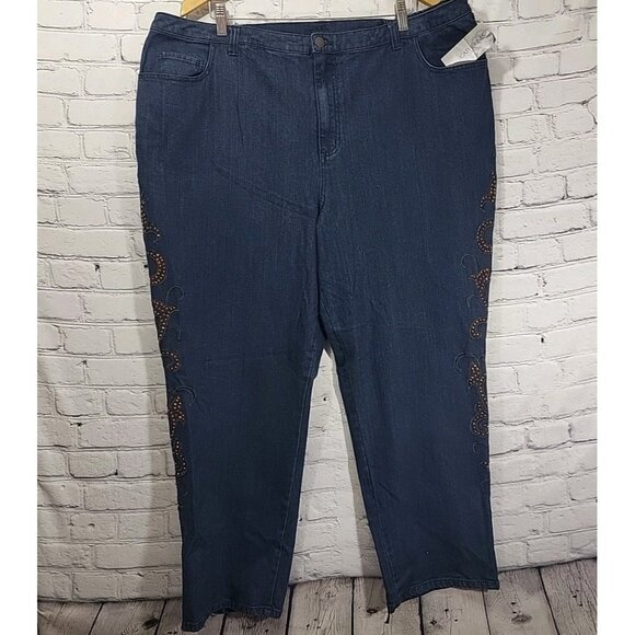 Catherines Added Dimensions Jeans 24W Plus Blue Dark Wash Embellished New NWT - Picture 1 of 13